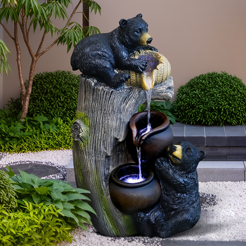 TEMU 23.62in Resin Black Bear Tree Stump Water Fountain With Led Lights, Cascading Outdoor Indoor Decor, Ideal Birthday, Christmas & Holiday Gift For