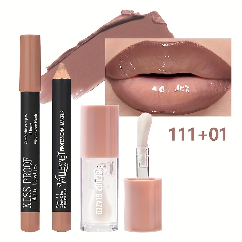 Image of Lipstick And Lip Oil Set, Waterproof, Nude Lip Color, Brown, Suitable For Types