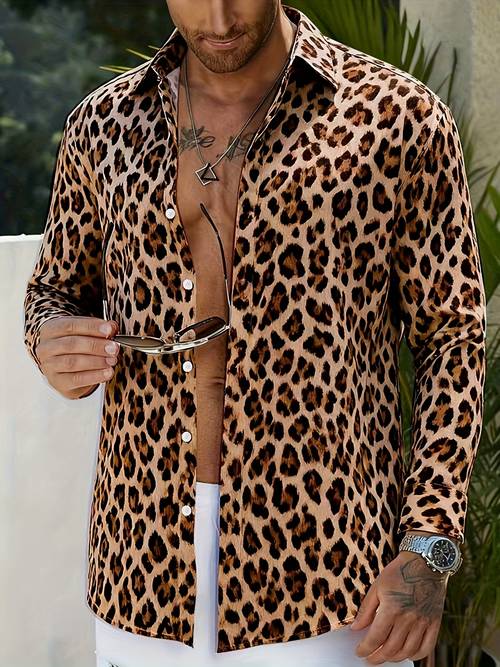 herenmode luipaardprint lange mouw knoopshirt - polyester stof, puntkraag, opvallend dieren voor casual of formele kleding, casual shirt || opvallend shirt || shirt met gladde textuur