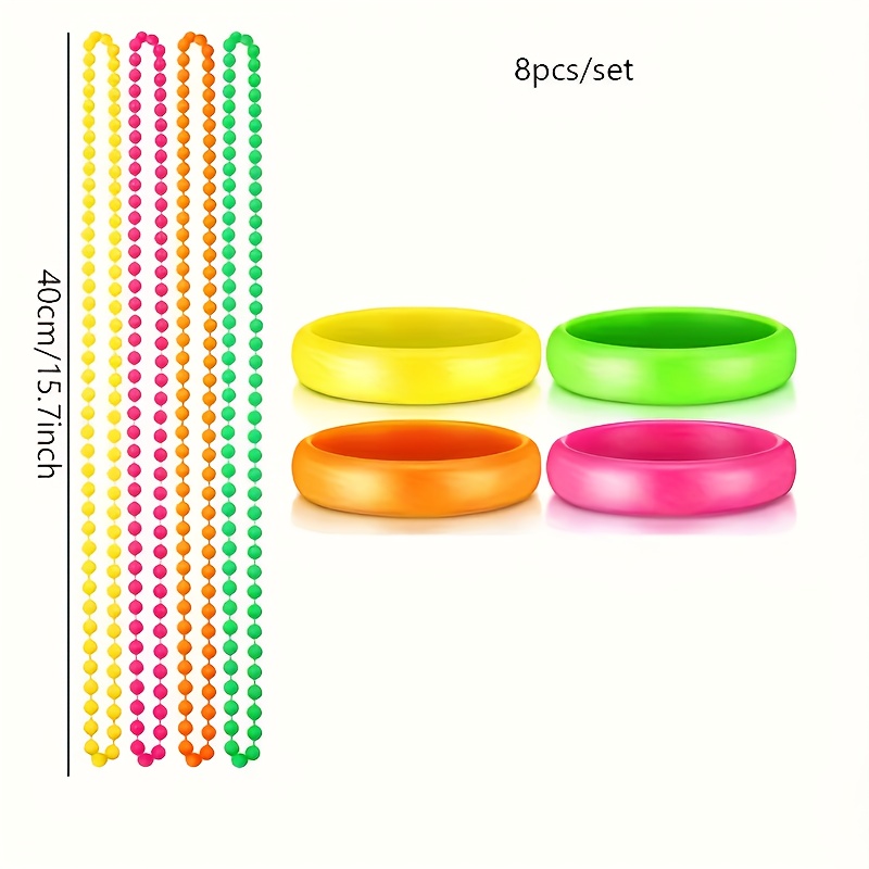 8pcs 1980s Neon Costume Accessories, Party Neon Plastic Bracelets And Beaded Necklaces For 80s And 90s Birthday Party Decorations