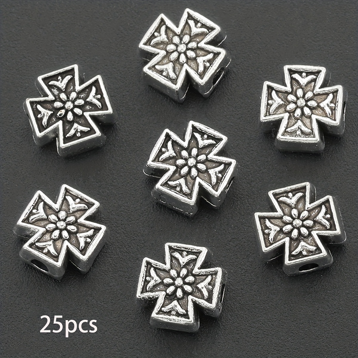 TEMU 25pcs Of Floral Cross Spacer Beads & Bead Assortments With Mixed Patterns, Featuring Loose Hole Designs For Threading. Beads Are Suitable For