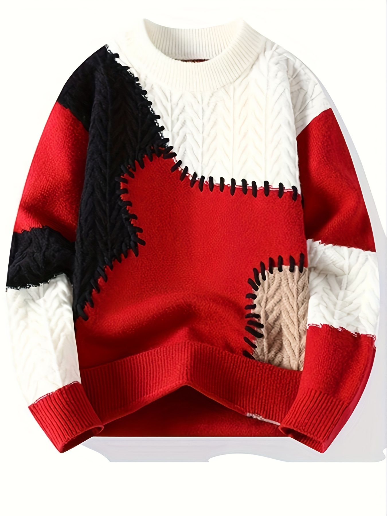 Color: Red Men’s Spliced Sweater Warm Comfortable Trendy Versatile Knitwear
