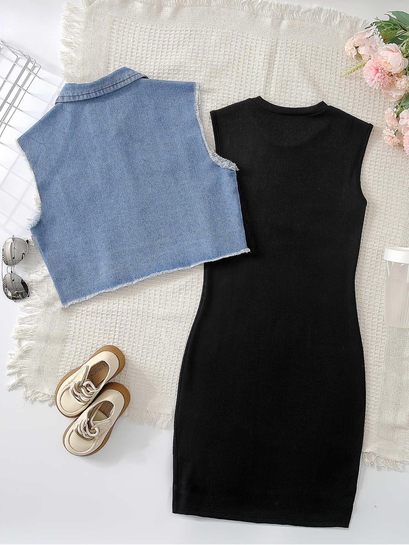 girls distressed denim vest bodycon dress two piece set