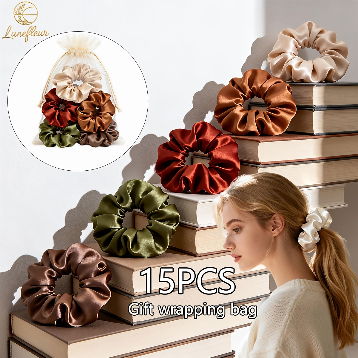 TEMU Lot de 15 élastiques à cheveux géants satinés, ensemble cadeau, 6 couleurs automnales terreuses, bandes élastiques plis, accessoires capillaires