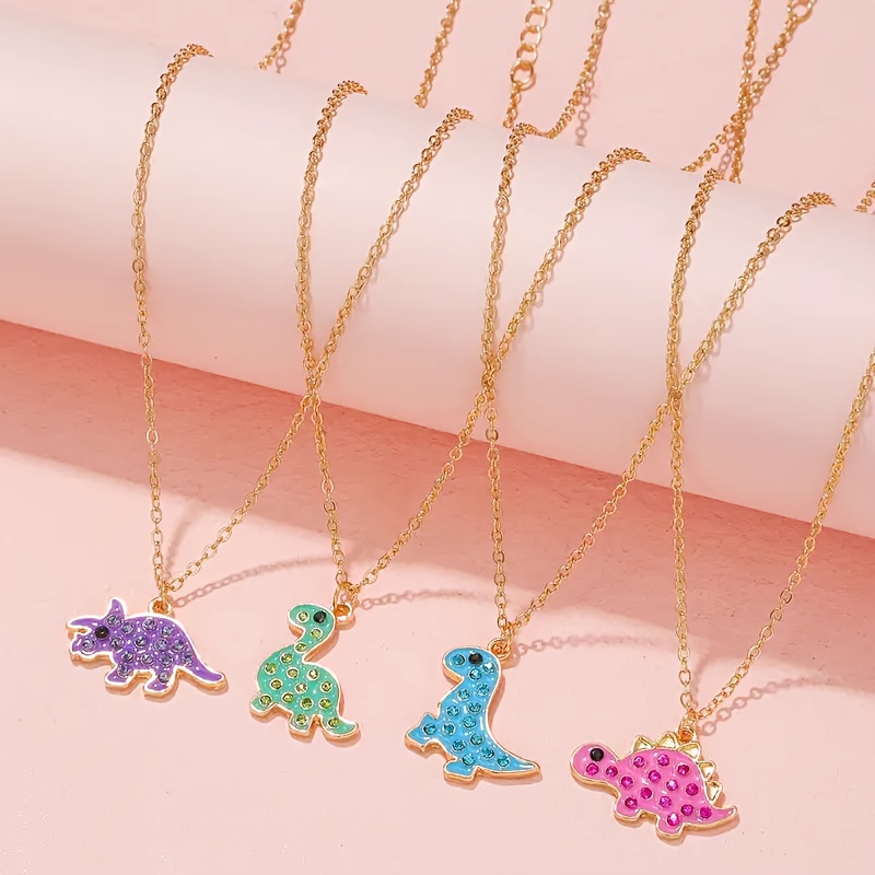 Image of 4pcs Boys And Girls Cartoon 4-color Dinosaur Pendant Necklaces, Daily Party Wear, Best Friend Gift, Holiday Present, Back-to-school Gift
