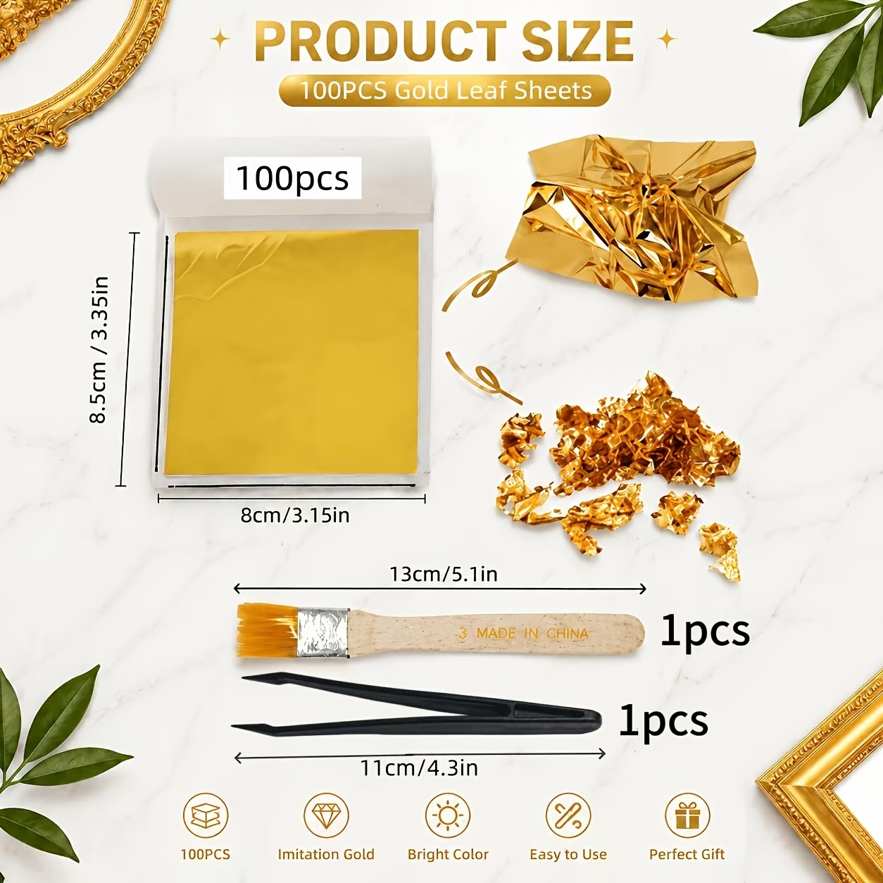 TEMU Kit de manualidades de hojas doradas premium de 102 piezas con pinzas y brochas, para resina, de uñas, pintura, manualidades y decoración del