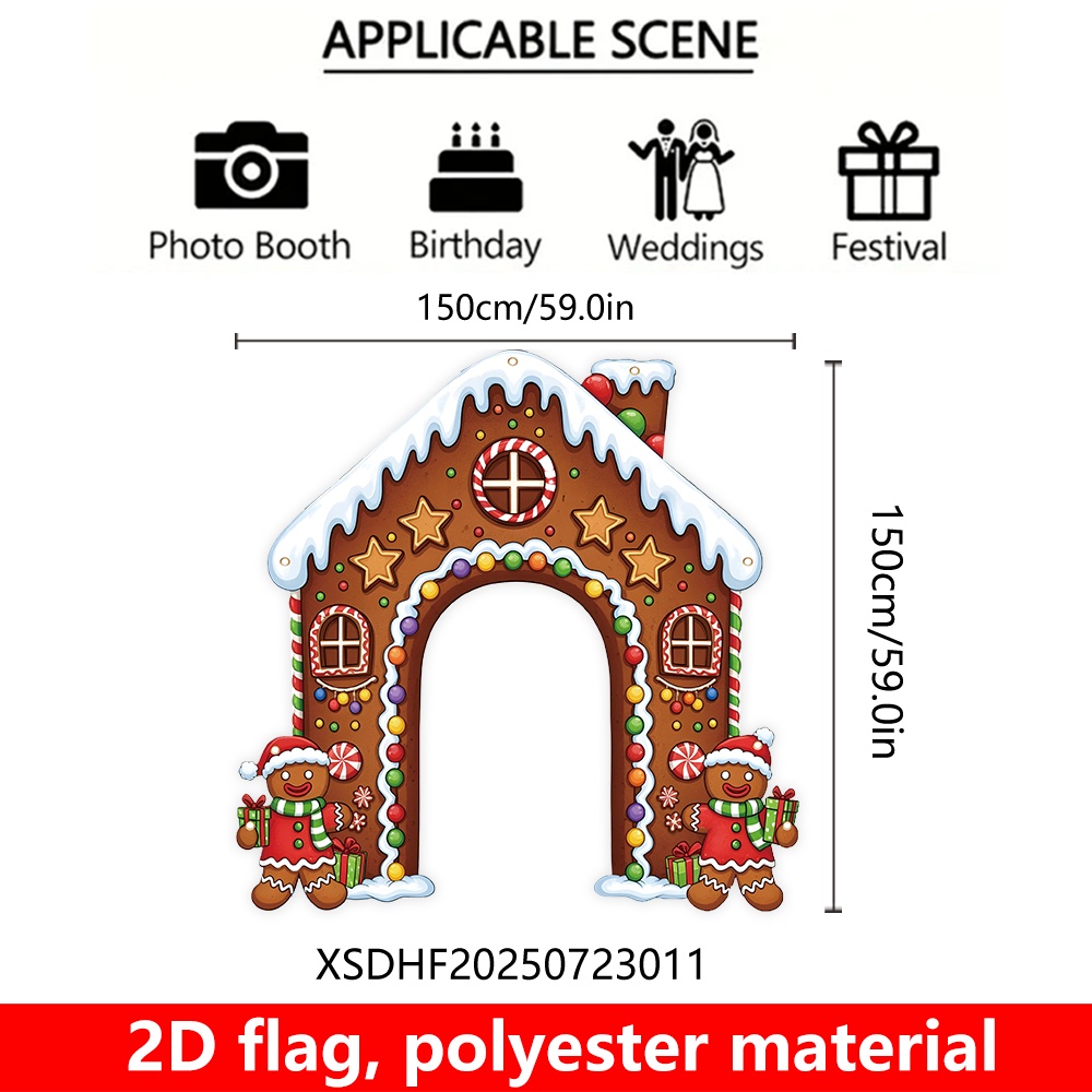 TEMU 2d Flat, 2d Flag Banner, 1pc, Christmas Party Decoration Banner, 150cm * 150cm/59.0in * 59.0in, Beautiful Gingerbread House Christmas Decoration