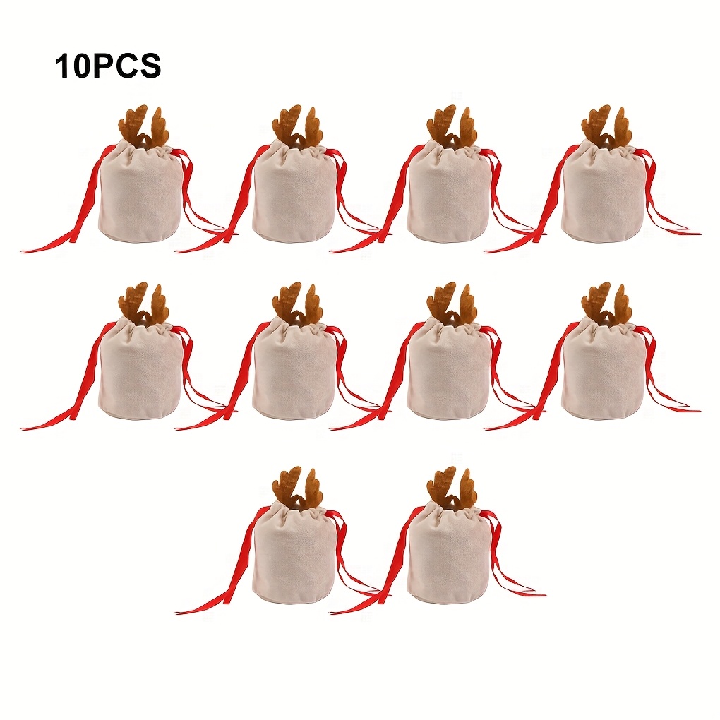10pcs Christmas Halloween Candy Bags With Antler Design, Party Gift Packaging Velvet Pouches
