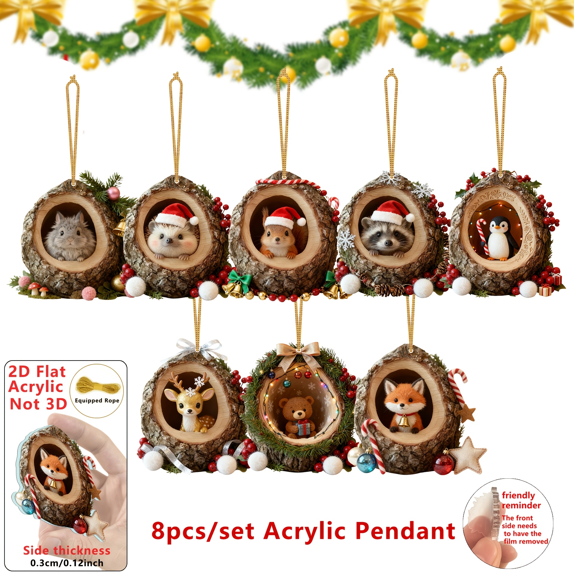 TEMU 2d , 8pcs Cute Hibernating Animal Ornaments Set, Suitable For Christmas Tree Decoration - Acrylic Winter Cottage Pendant Creature Elements, For