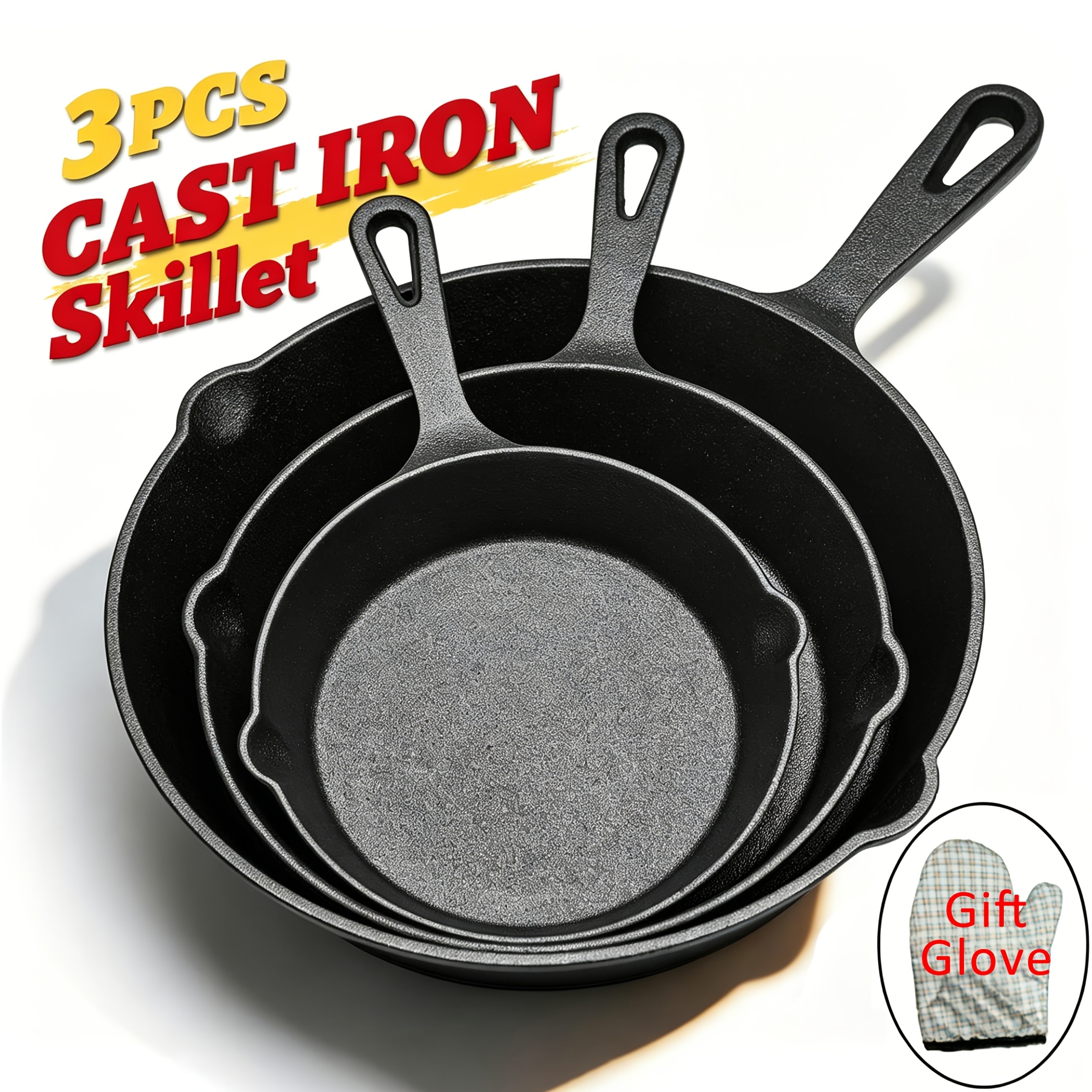 3pcs Cast Iron Frying Pans Oven Safe Indoor Outdoor Grill Stovetop Black (3pcs Cooking Set 17cm, , 26cm)
