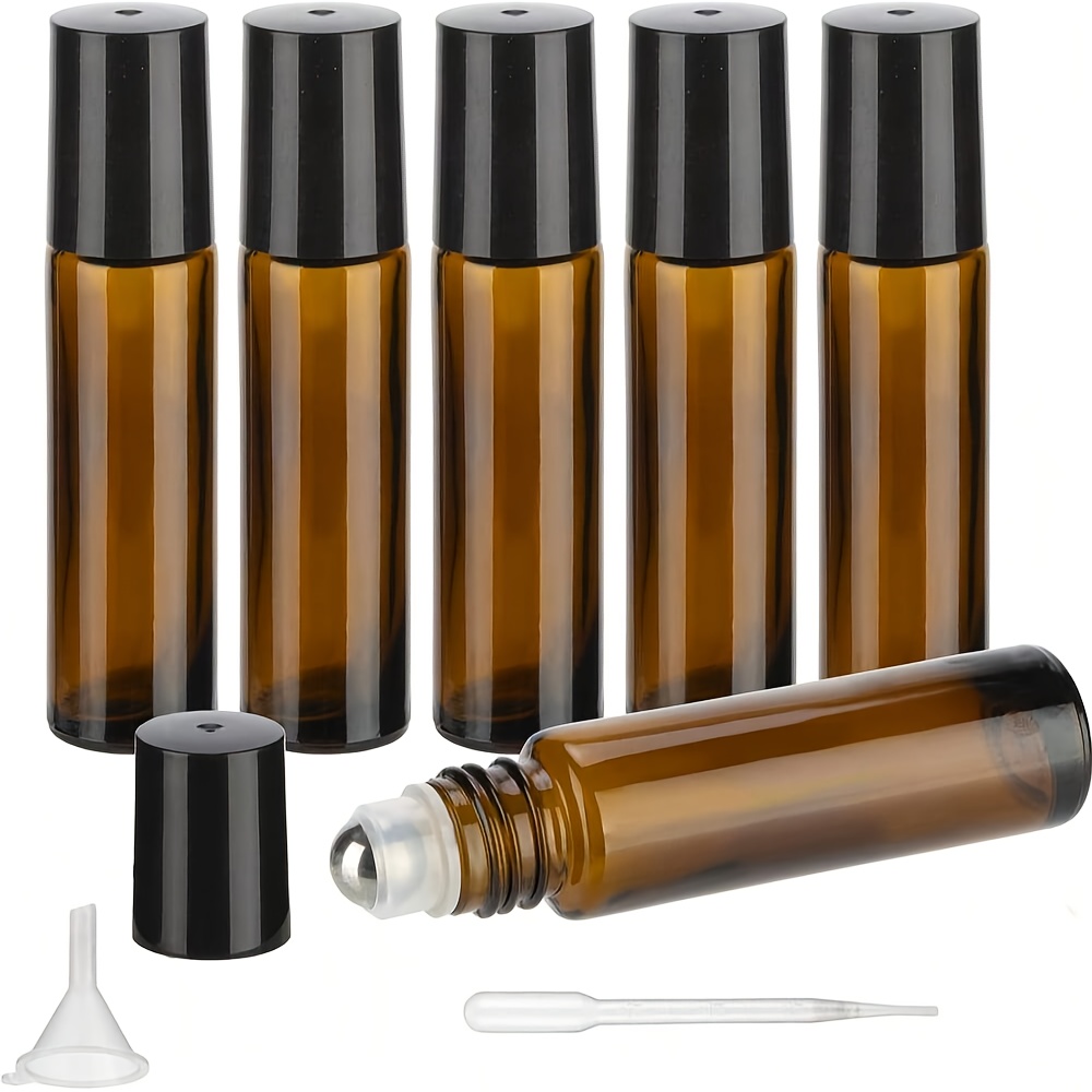 5pcs Or 10pcs 10ml Amber Essential Oil Roller Bottles With Stainless Steel Balls (includes Funnel, Dropper Gift)