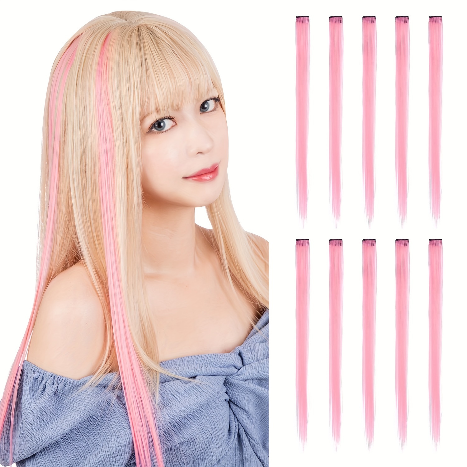 TEMU Lot de 10 Extensions de Cheveux Colorées à , Cheveux Lisses, 22 Pouces, Convient pour le Coiffage , les Fêtes et le Cosplay des Femmes