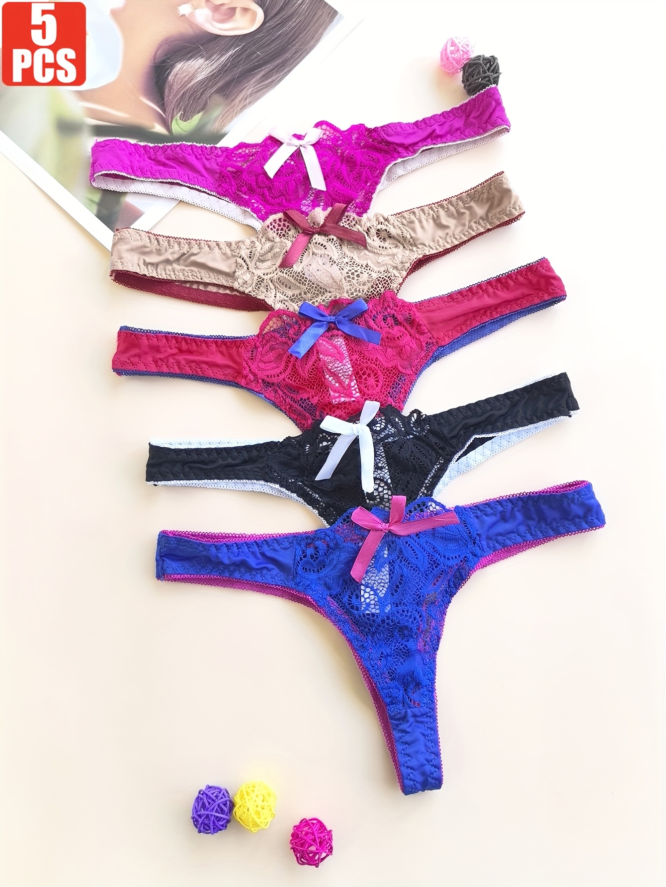 Juego de 5 tangas de encaje  para mujer, transpirables, a la moda, suaves, ajustadas, sin costuras y cómodas, con ribete de color de contraste