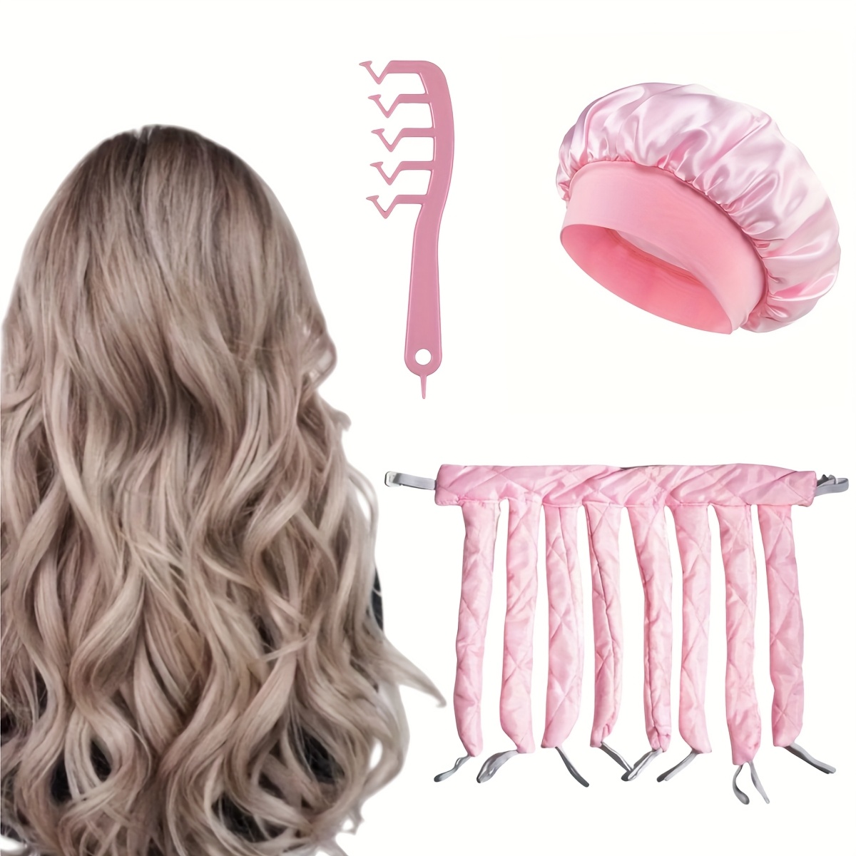 TEMU 3-teiliges Damen-Stirnband-Set mit Lockenstab ohne Hitze – Weicher Lockenstab ohne Hitze, Satin-Schlafhaube, gewellter Z-förmiger Kamm, geeignet