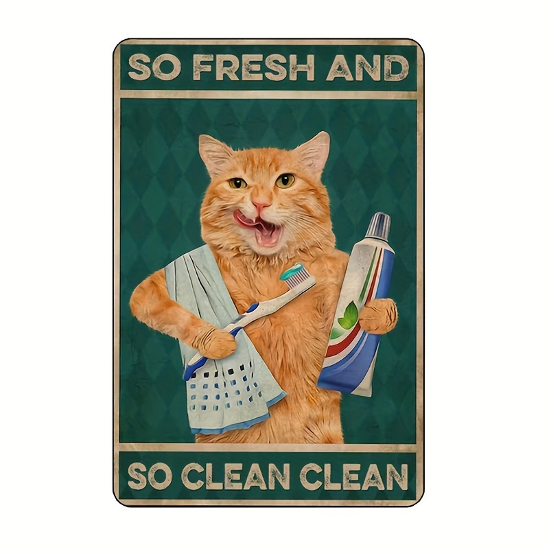 

1pc, Funny Orange Cat With Toothbrush Pattern Metal Sign, Retro Vintage Metal Aluminium Sign, Classic Style, Wall Decor For Cafe, Bar, Pub, Home, Pre-drilled, Weatherproof