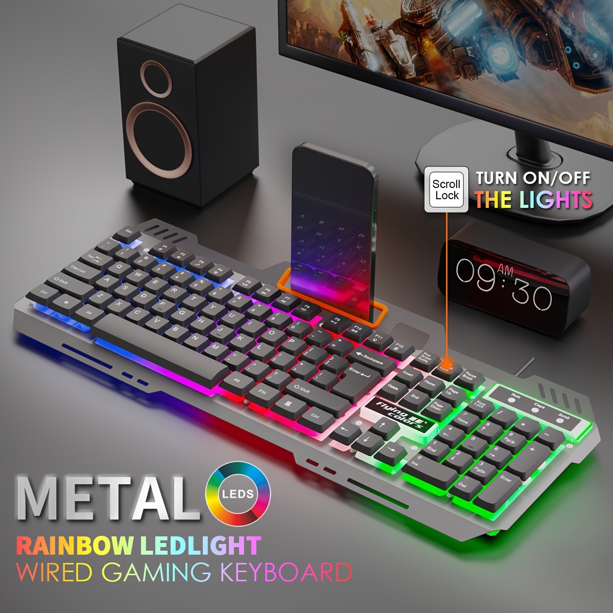 

Wired Usb Interface, Metal Panel Rainbow Backlight, 104-key Multimedia Lighting Keyboard, Gaming Keyboard