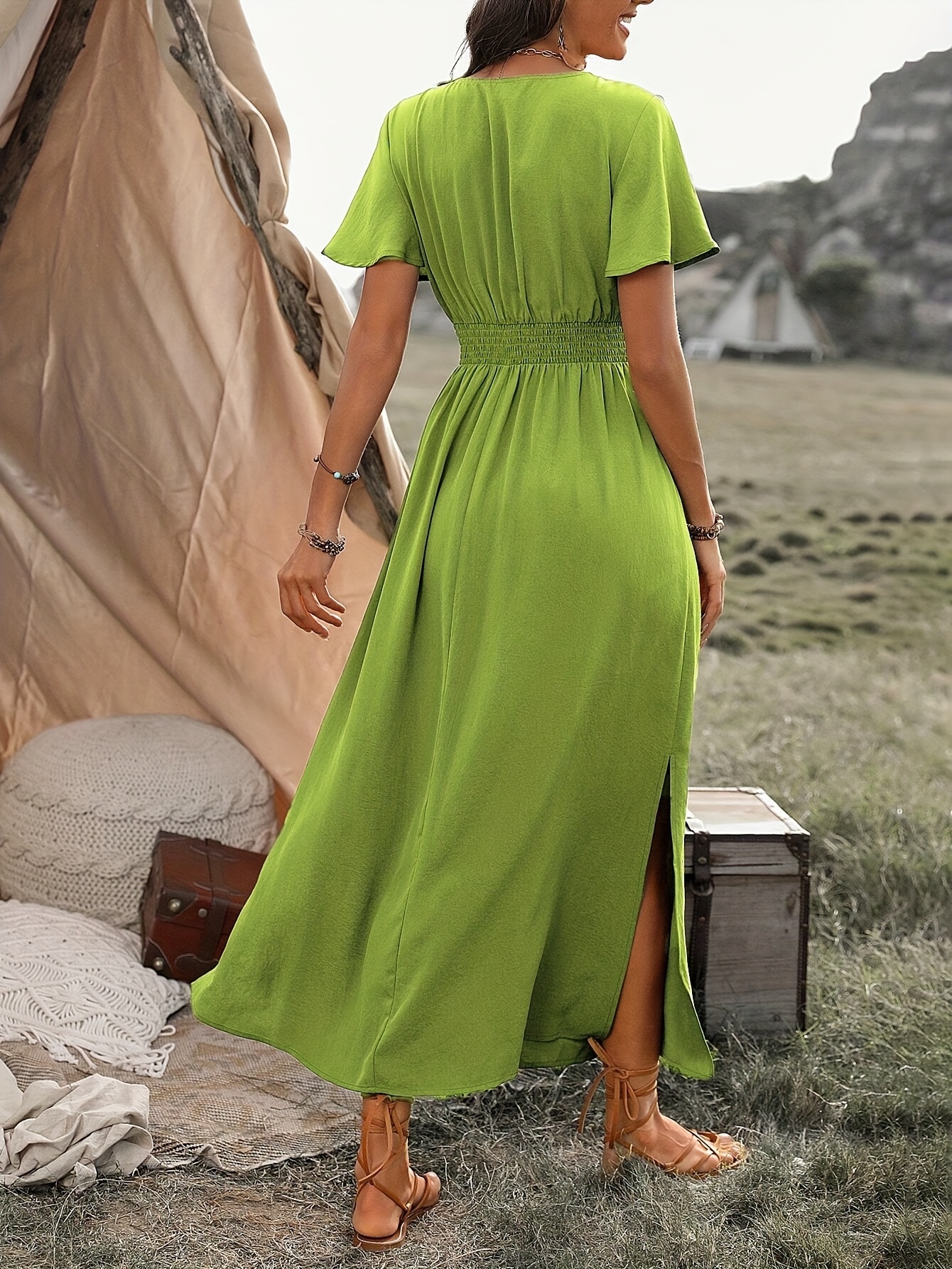 womens light green maxi dress ruched waist high slit v neck - Temu Mauritius