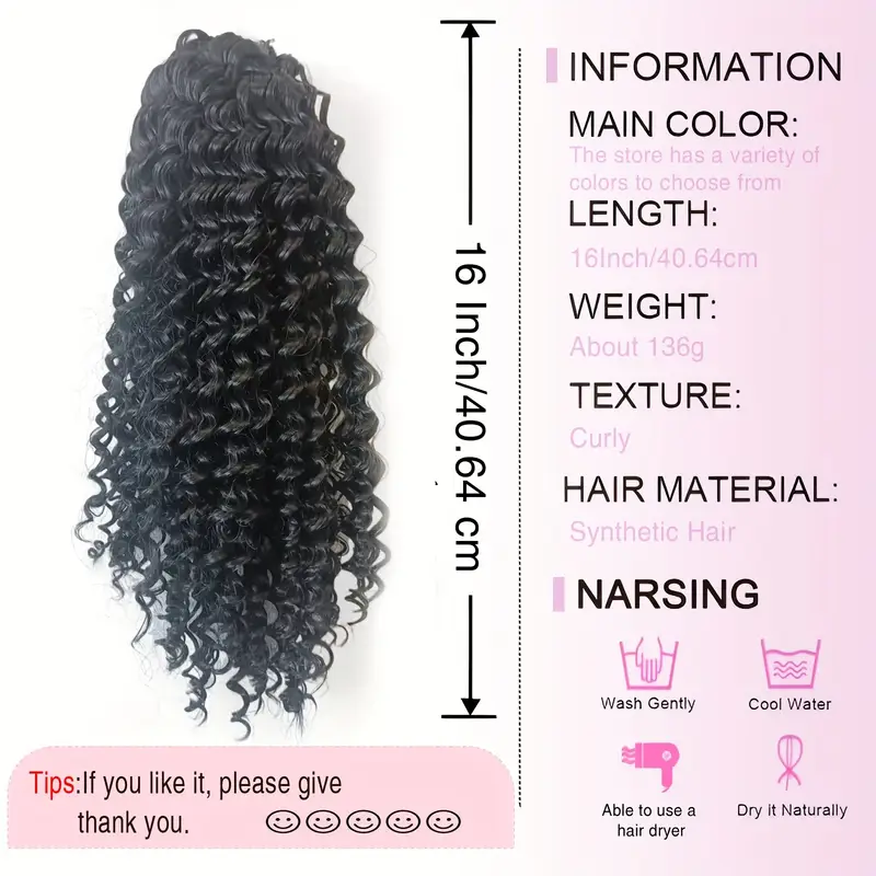 womens high temperature fiber curly wave ponytail hair extensions 16 inch drawstring and clip fluffy texture fashionable synthetic hairpiece details 6