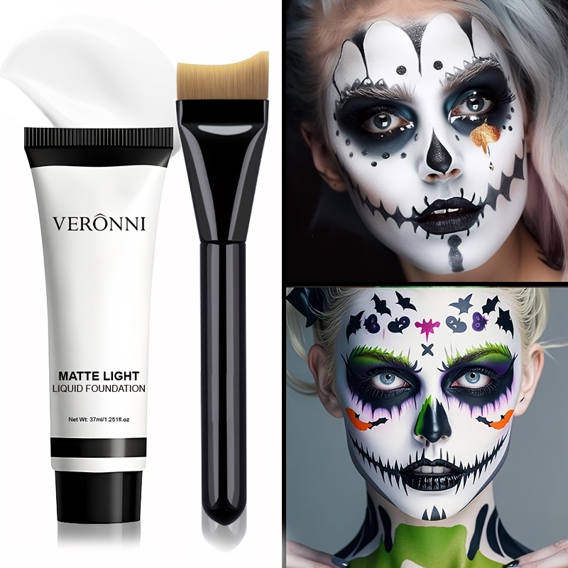 Image of Full Matte Paint Foundation With Brush Set, Creamy Texture, Durable For Halloween, Gothic Style, Daily Use, Role-playing Makeup, Brightening.