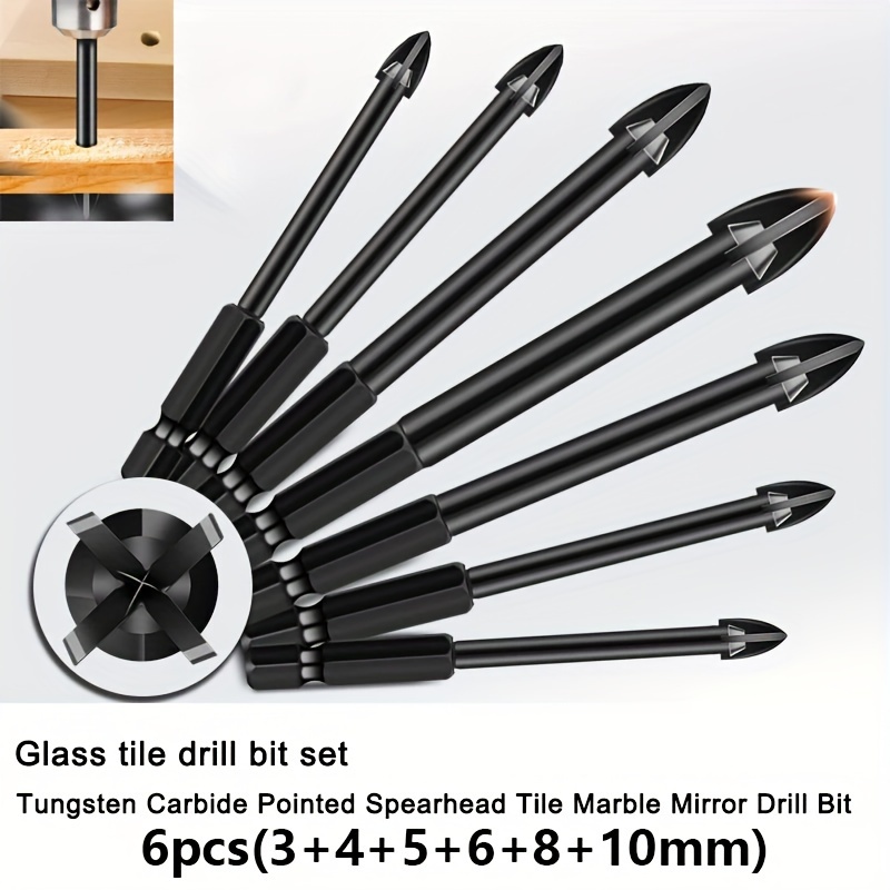 

6pcs Carbide Drill Bit Set, Black Oxide Finish, Multi-functional For Wood, Tile, Concrete, Glass, Brick, Marble - Mixed Sizes With Dual-edge , 1/4" Hex Shank, Durable Home Drilling Tool Kit