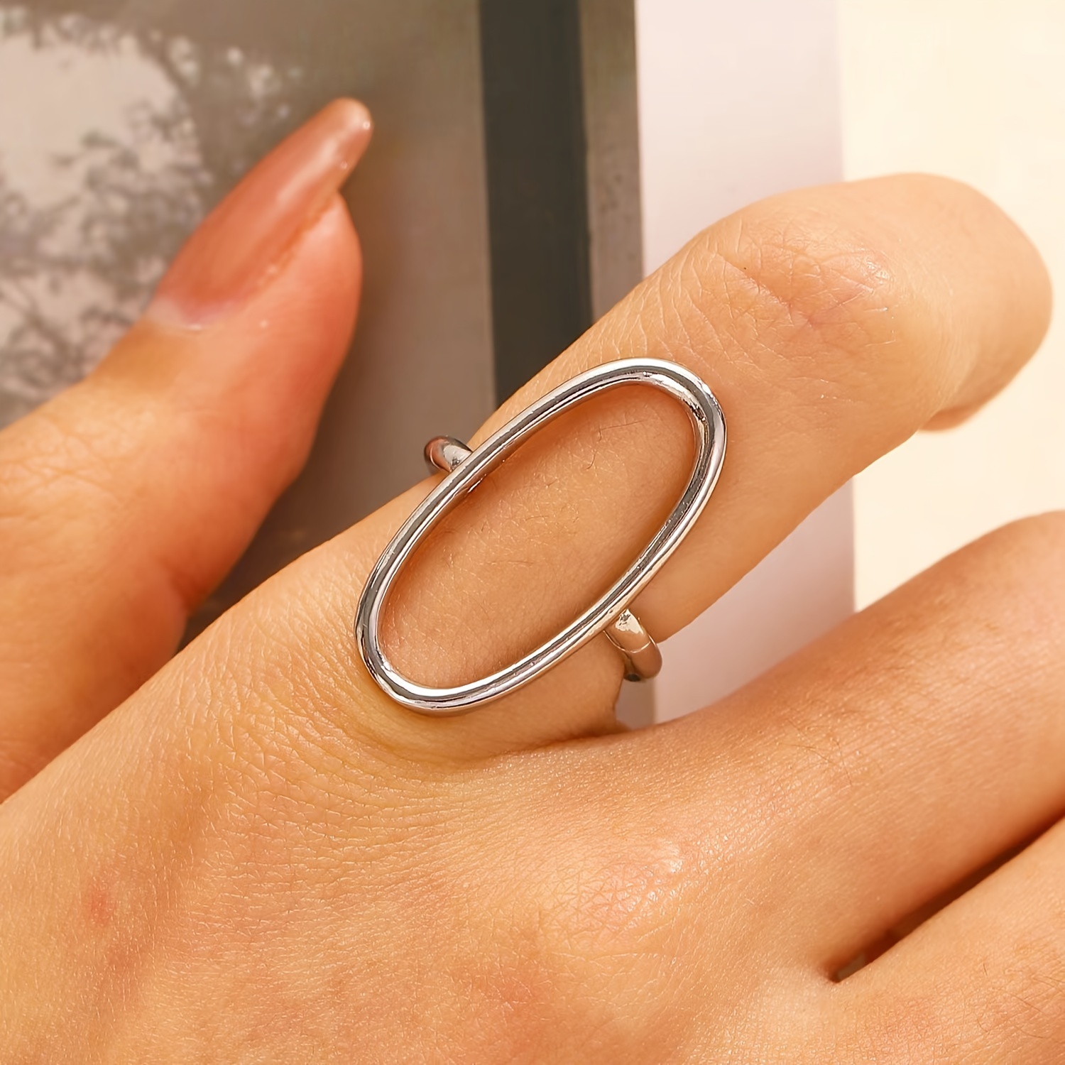 1pc minimalist geometric oval ring golden silvery open ring cool jewelry gift details 4