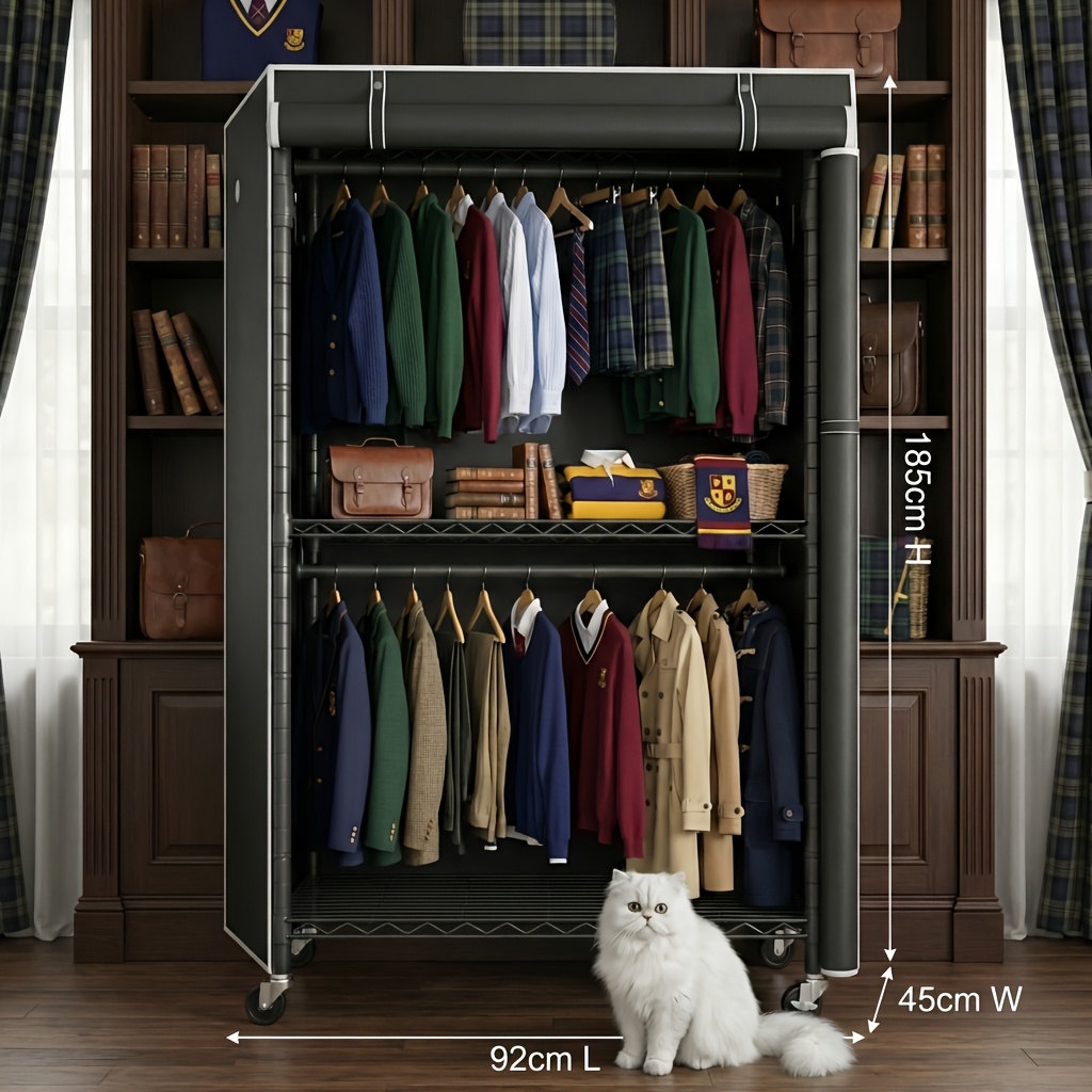 Heavy Duty Covered Garment Rack With Rolling Wheels & Shelves | , Spacious Compartments, Easy To Assemble, Space, 73x36x18 Inch, Metal, Freestanding