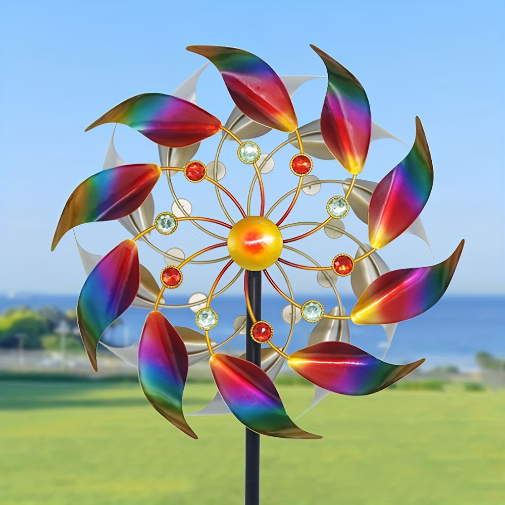 E-shop Bunter Windrad-Gartenständer mit Doppelseitigem Windrad aus Eisen für Garten, Hof Rasendekoration, Geschenkidee