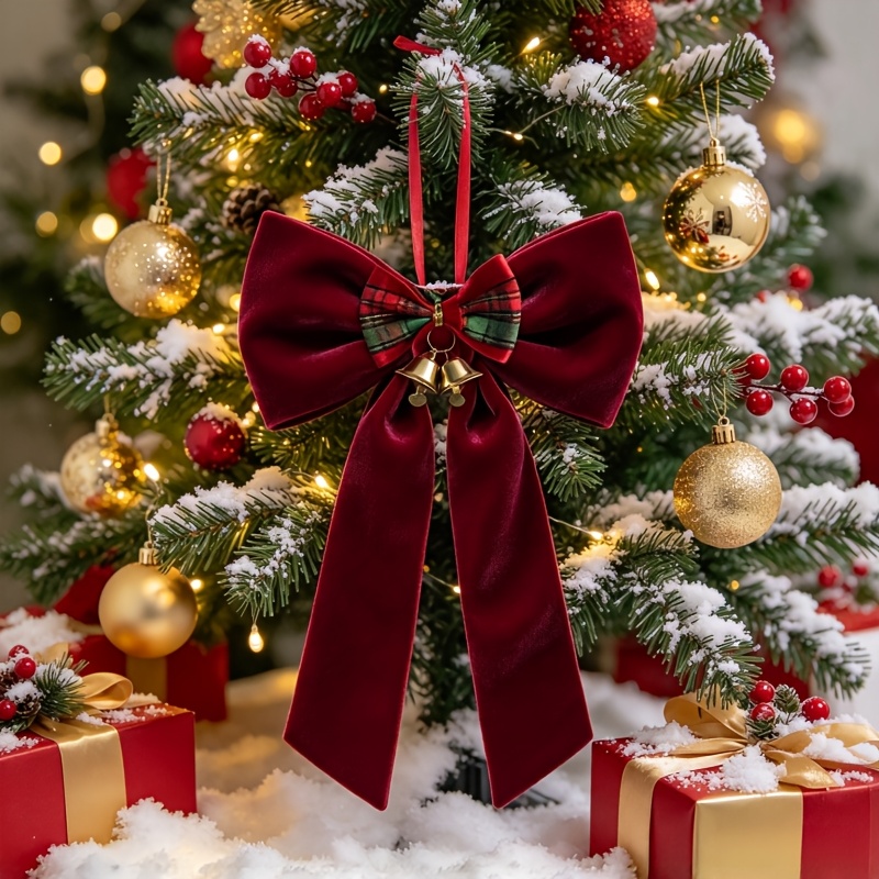 TEMU Large Red Bow (1pc Burgundy Bow And 1pc Small Bow Decoration) Velvet-like Christmas Tree Topper, Suitable For Christmas Tree/front
