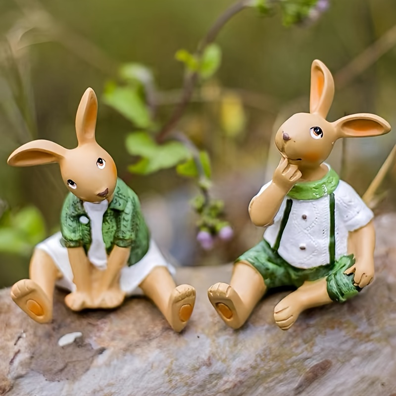 TEMU Collectible Figurines ，2pcs Set Of Adorable Rabbit Figurines - Resin , Home & Garden Decor, Tabletop Accents