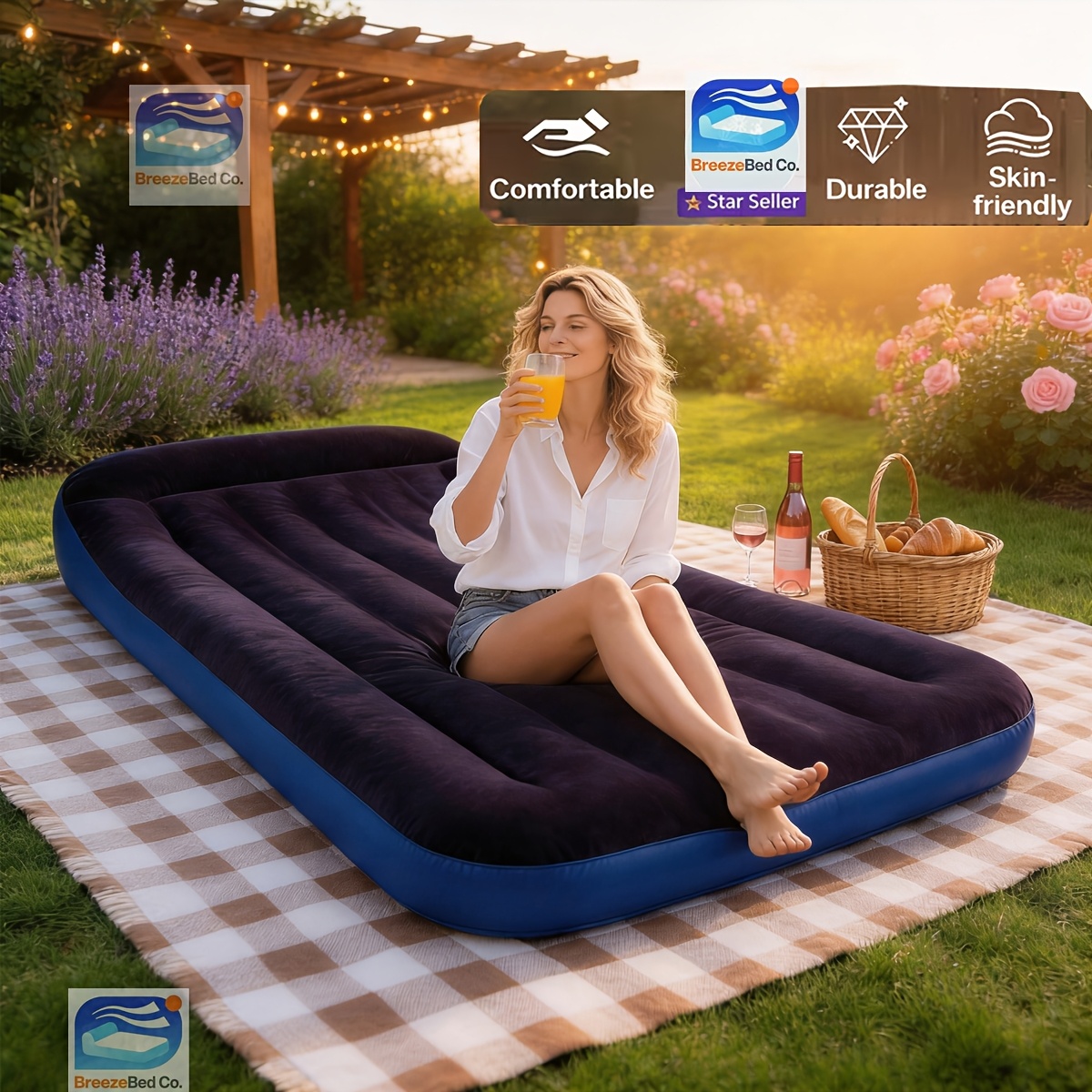 Luxury Inflatable Mattress And Sofa Bed, Extra Thick High Back Support Air Bed, Portable Foldable Camping Mattress for Outdoor Garden Beach Pool Party, Inflatable Sleeping Mattress And Camping Gear – Perfect Women'S Gift, Guest Dorm And Travel