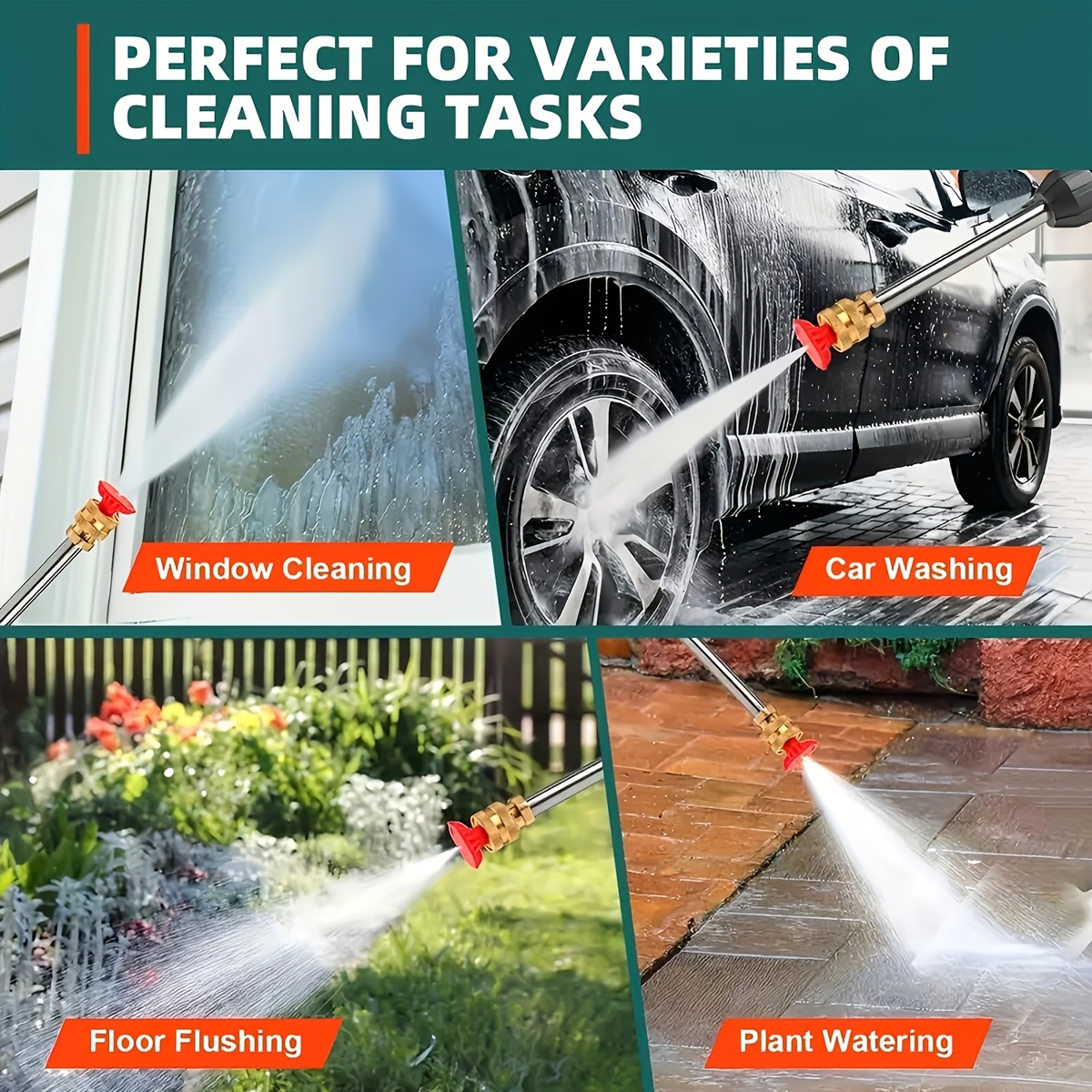 a high pressure car cleaning tool   with a 5500mah battery   with two batteries has a versatile 6 in 1 nozzle and a 5 meter hose   washing cars fences floors and for watering plants   a great present details 1