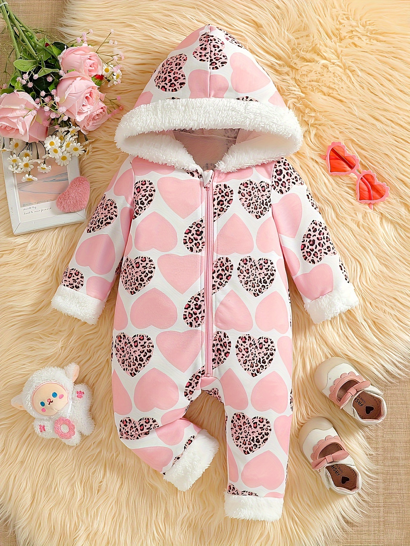 baby girls winter jumpsuit soft fluffy onesie hood warm Temu - Main Image