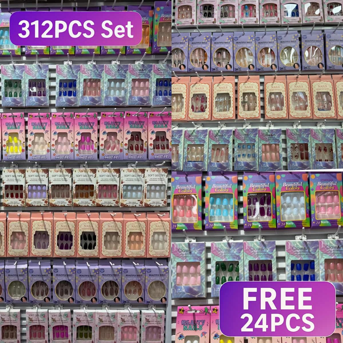 TEMU 312pcs+24pcs Random Press On Nails Stylish Almond Shape Mixed Color Glossy End Medium Length Ideal For Women And Nail Art Essentials Look Embellishments False Nails For Manicure