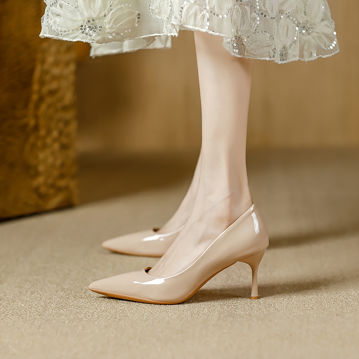 tacones estilettos elegantes color piel mujer punta afilada Temu