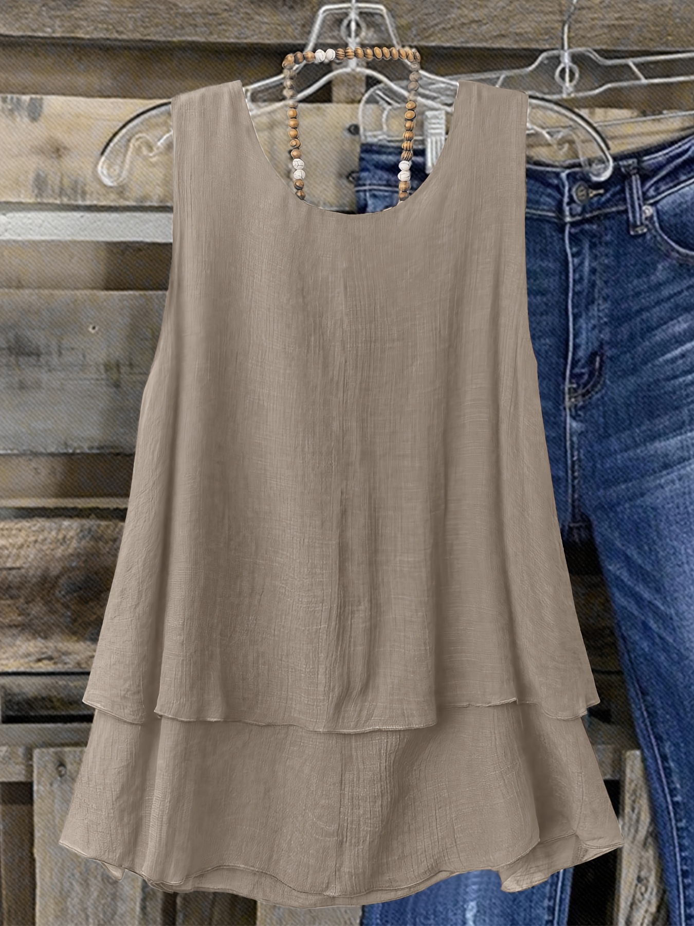Women's Plus Size Sleeveless Elegant Top - Lightweight Breathable Blue Round Neck Vest, Machine Washable Spring Summer Casual Wear, Elegant Special Line Collection, Sophisticated Design, Textured Fabric