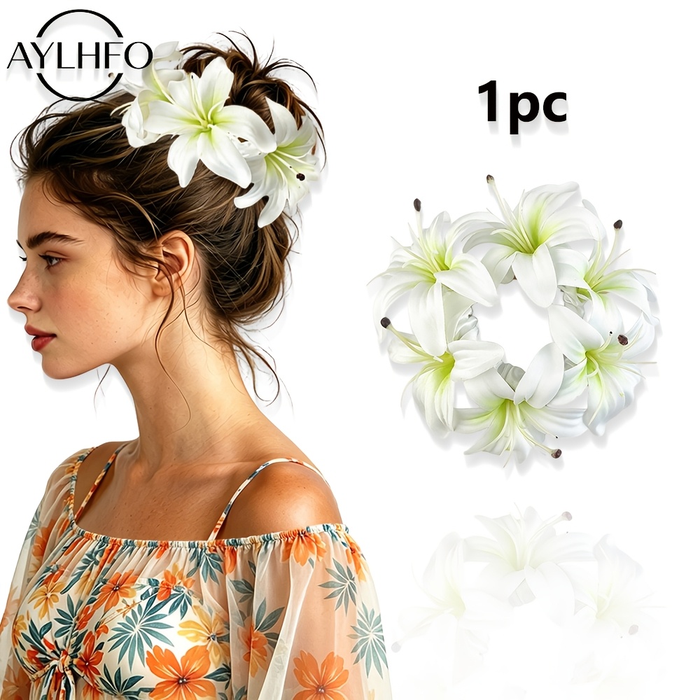 TEMU Aylhfo 1pc New Hawaiian Style Faux Flower Elastic Scrunchie, Women's Fashion Bohemian Style Egg Flower Floral Hair Tie, High Elastic Ponytail