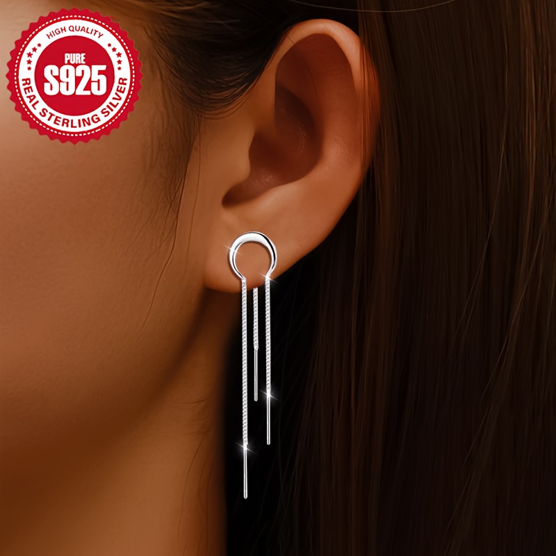 

Pair Of S925 Silver Half-round Chain Tassel Earrings, , Simple And , Suitable For And Parties, Low Allergy, 2.4g