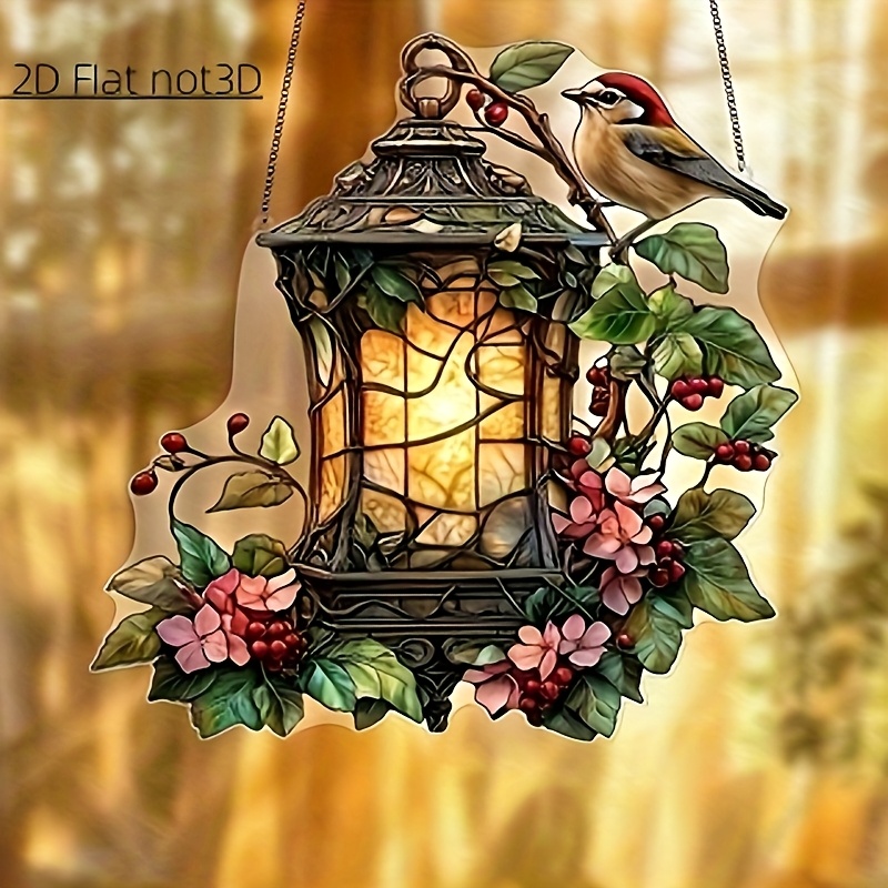 

Robin & Lantern Light - 8"x8" Stained Plastic, Vibrant Garden, & Home Decor | Ideal Birthday & Holiday Gift, Indoor Accent Piece| Design|decorative Chain Hang