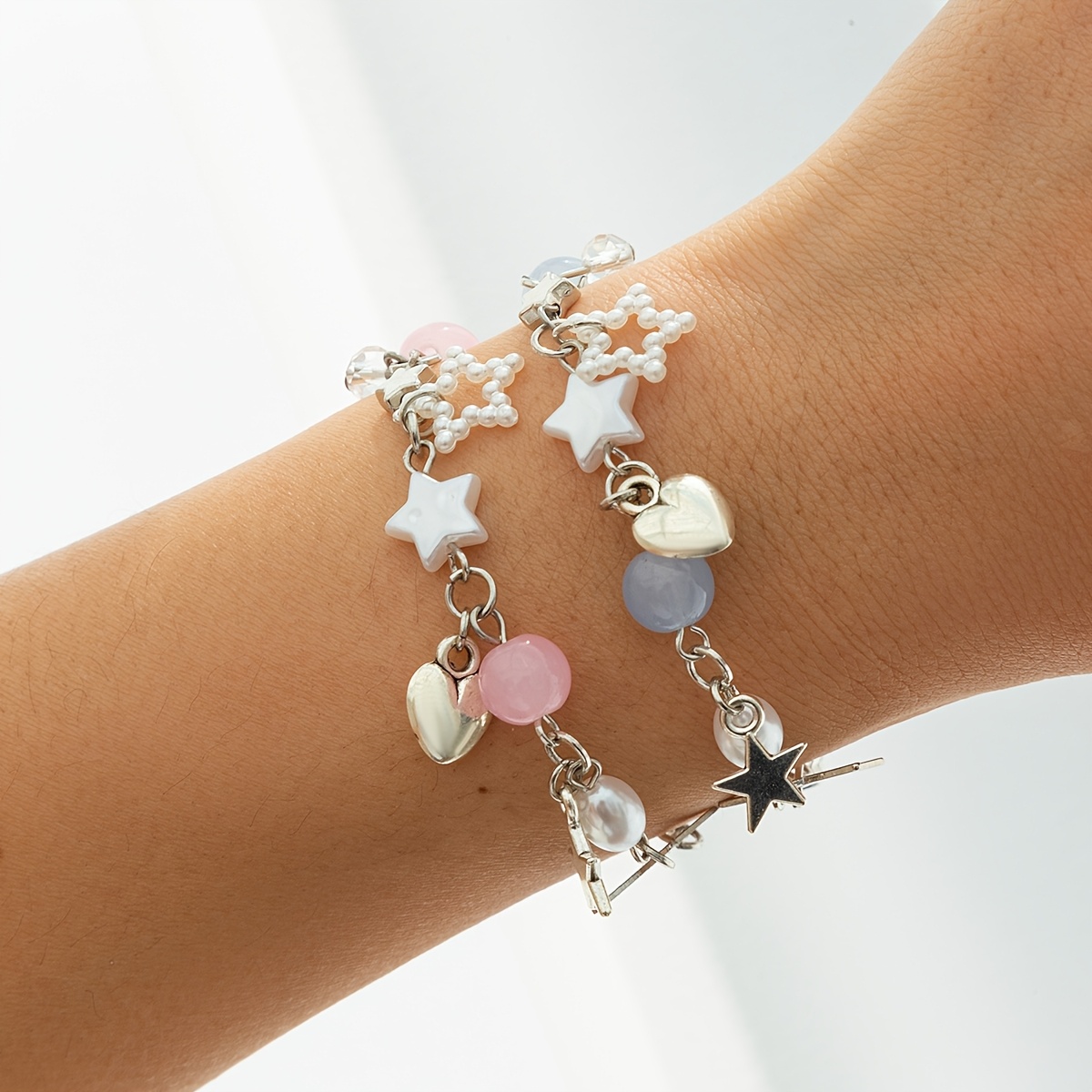 

2pcs Star Charm & Crystal Bead Bracelet Set - Elegant & Cute, Perfect Gift For