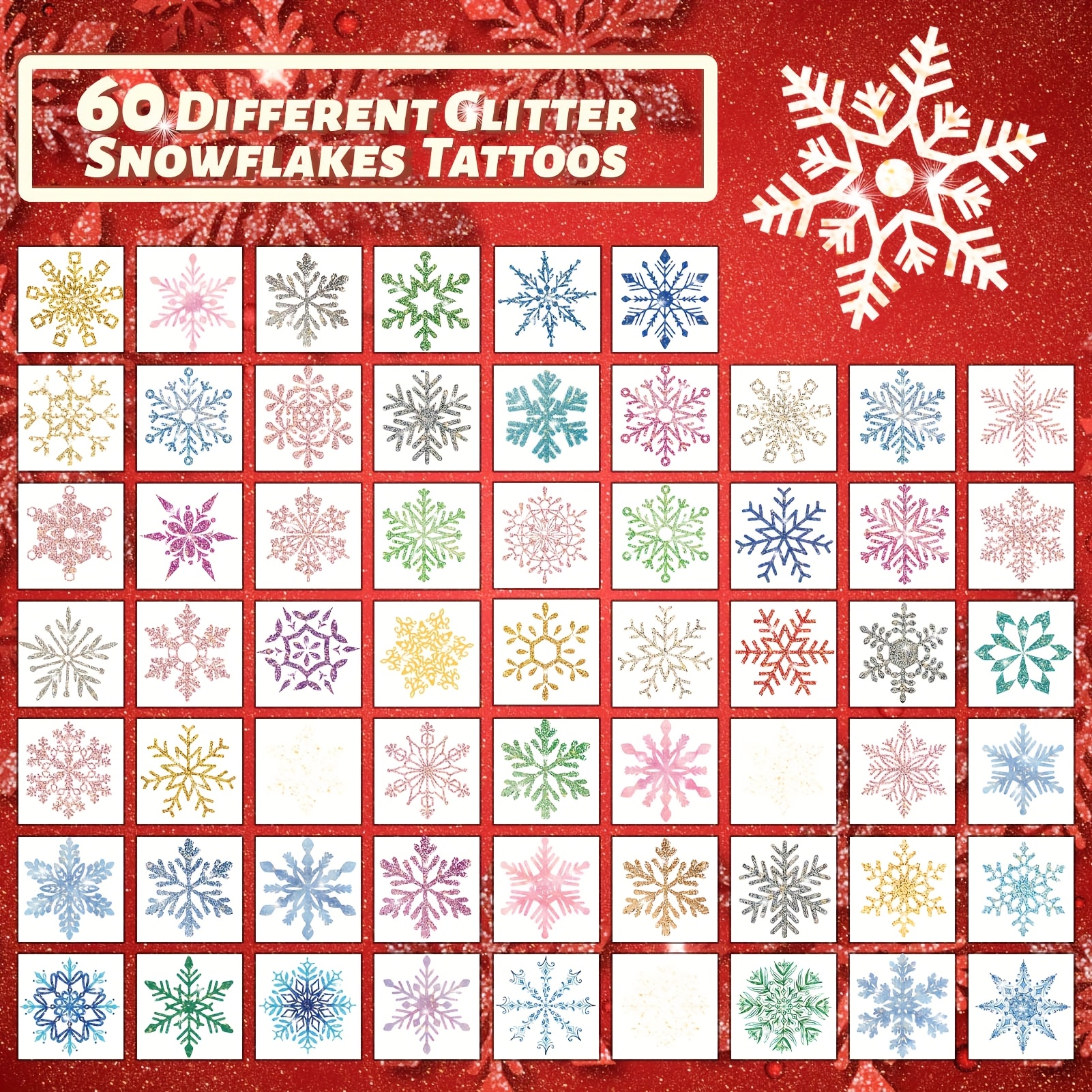 60 Sheets Of Glitter Christmas Snowflake Temporary Tattoos, Colorful Individually Wrapped Waterproof Safe Christmas Winter Party Tattoos, The For Stocking Stuffers, 60 Designs