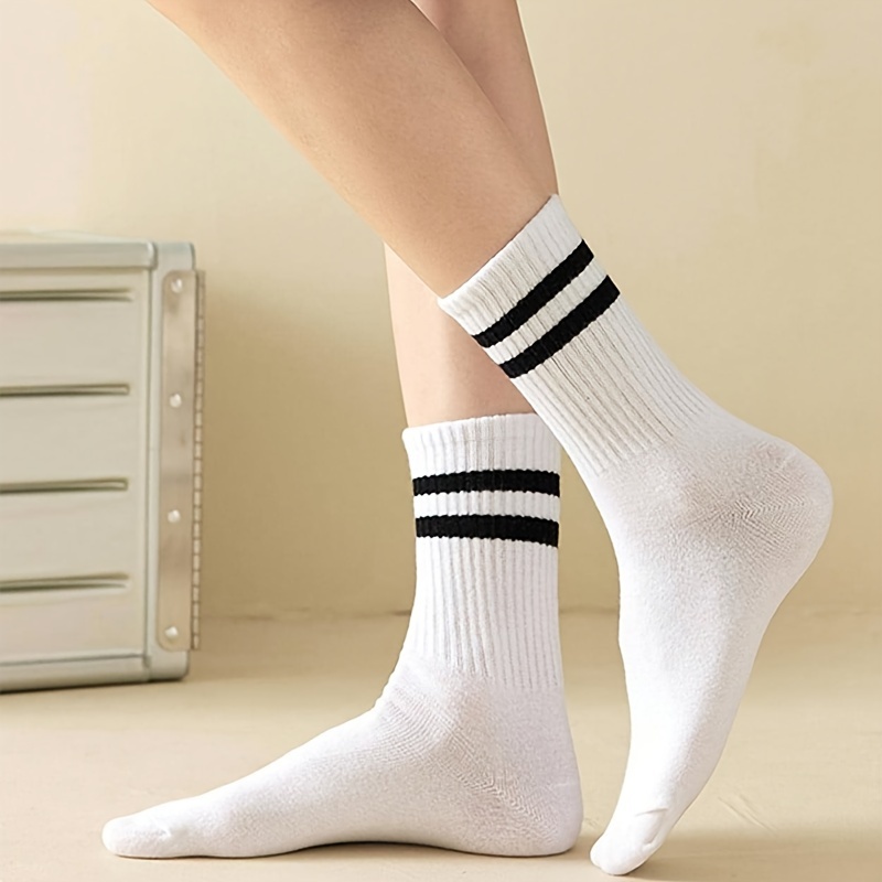 

4 Pairs Of Men's Double Stripe Pattern Crew Socks, Anti Odor & Sweat Absorption Breathable Socks, For All Seasons Wearing