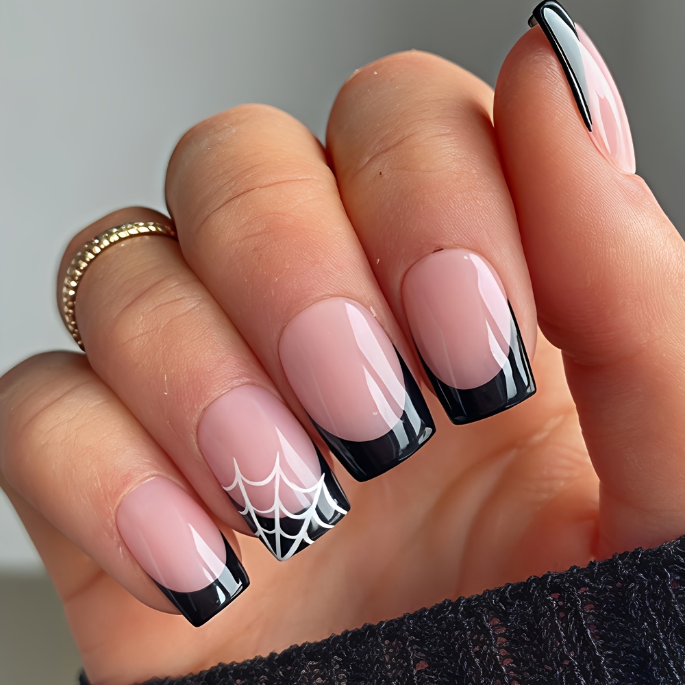 TEMU 25pcs Set (24 Nail Tips + 1 Storage Bag)new Halloween Press-on Nails With Minimalist Black French And Web Patterns. Elegant Simple False Nails