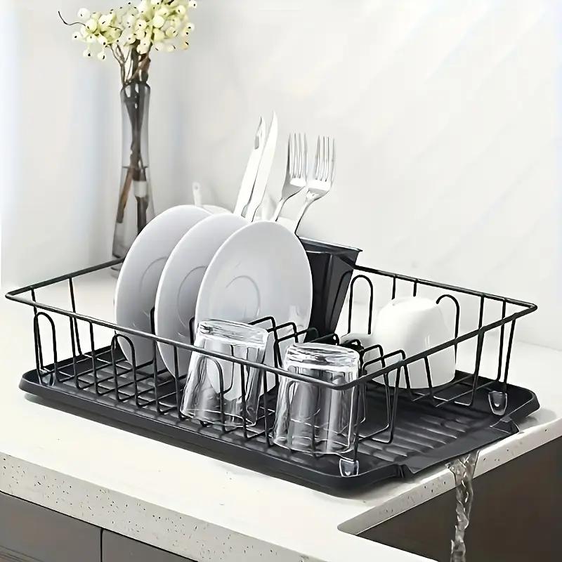 1 set of tableware drain rack kitchen counter utensil rack small stainless steel utensil drain rust resistant with black utensil rack and drainage board suitable for kitchen and rv Product details 0