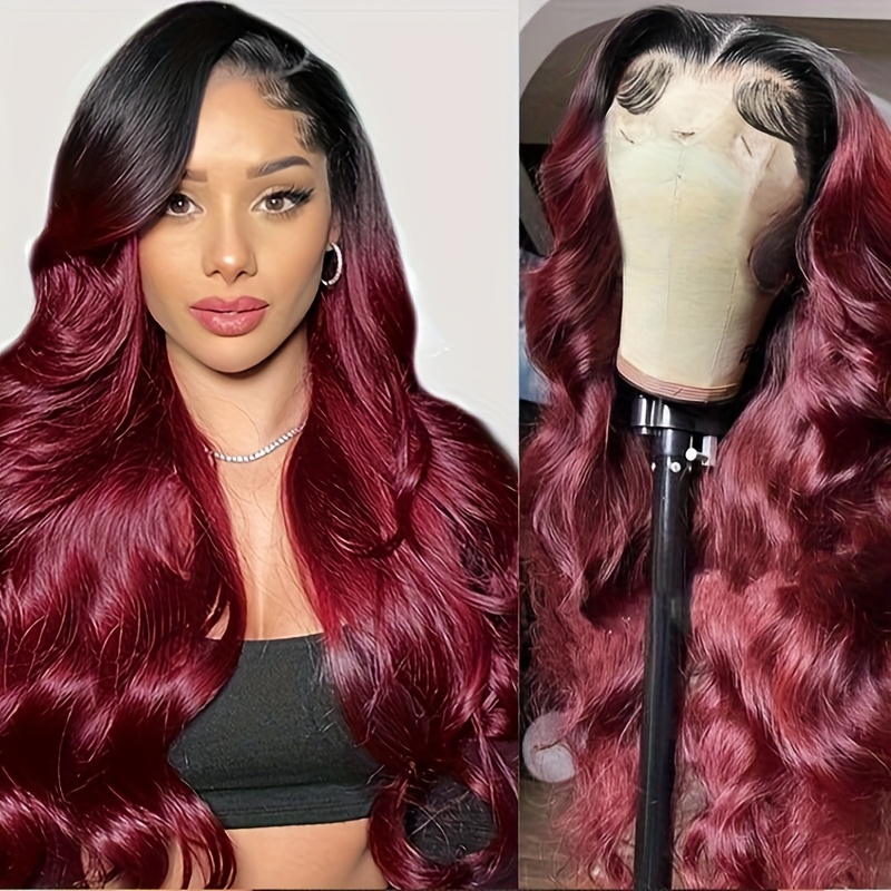luxurious black wine red ombre lace front wig women 180 - Temu display picture 1