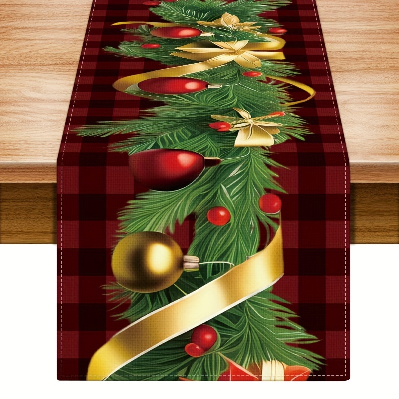 

Christmas Holiday Plaid Table Runner With Festive Tree & Ornaments Design - Woven Polyester Square Table Decor For Xmas Celebrations, 100% Polyester Lining & Filling - 1pc