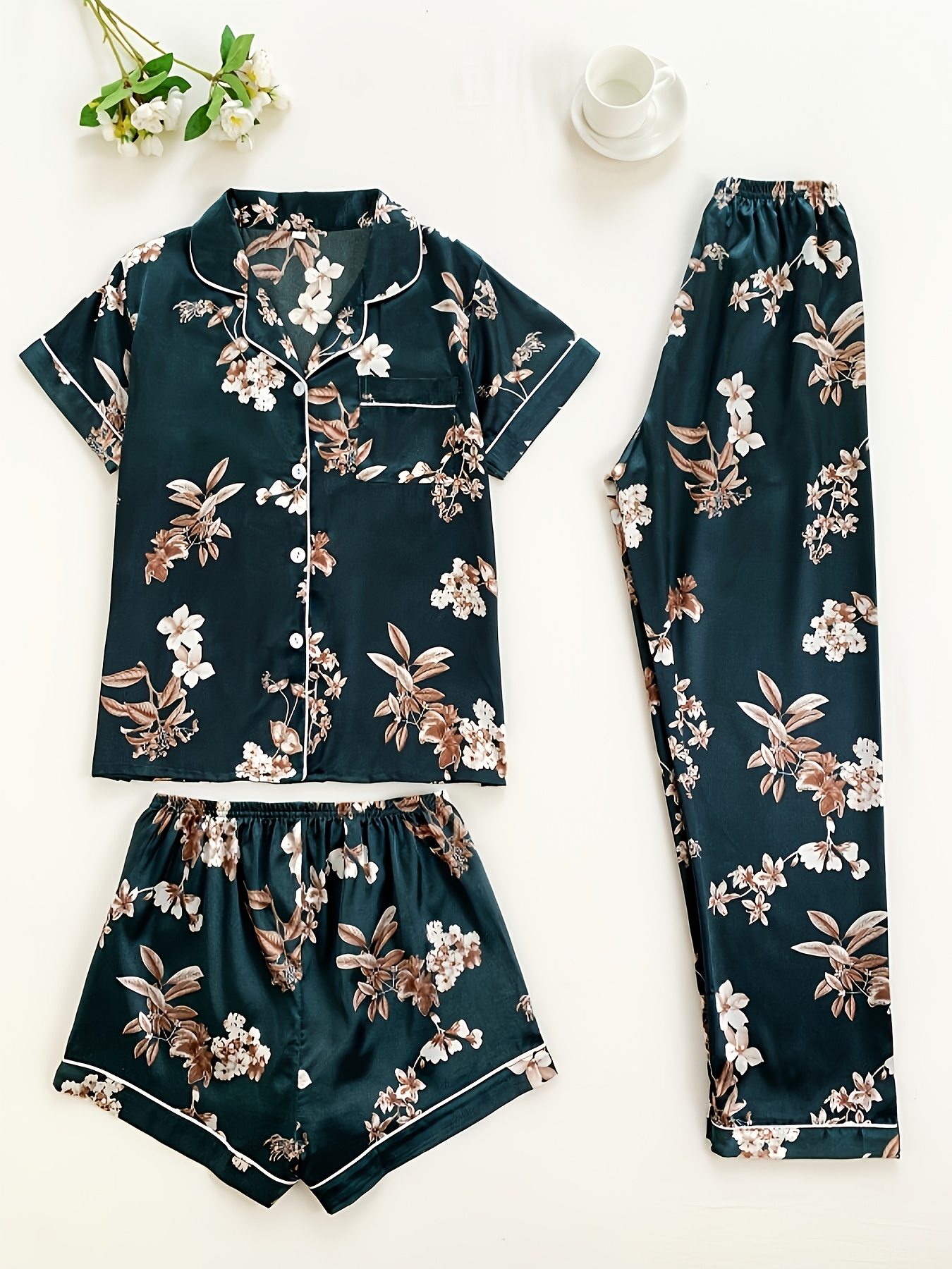 3pcs set of satin classical floral pajamas including womens short sleeved stand up collar top and shorts long pants pajamas   three piece set Product details 0