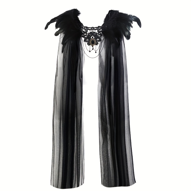 Gothic Victorian Style Black Lace-like Mesh Cape Shawl, Feather And Mesh Scarf - Suitable For Halloween Costume, Themed Party Mid-length Dress (hand Wash ) - Front Closure