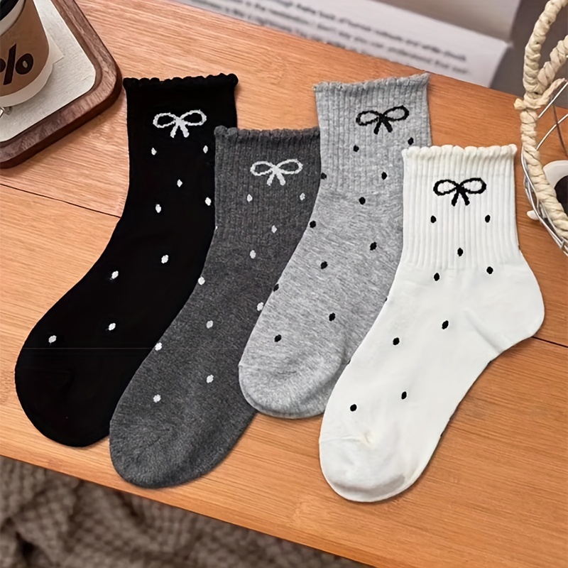 

4 Pairs Of New Autumn And Winter Dot Lace Bow Pile Socks, Student Ins Trendy Japanese Mid-calf Women's Socks