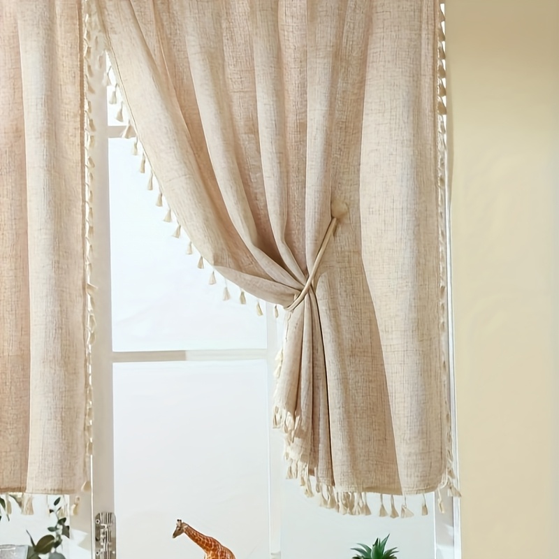 Image of 1pc Imitation Linen Tassel Short Curtain, Beige, Style Room Divider, Suitable For Living Room, Bedroom, Window, Cabinet And Door Decoration, Tassels Not Included