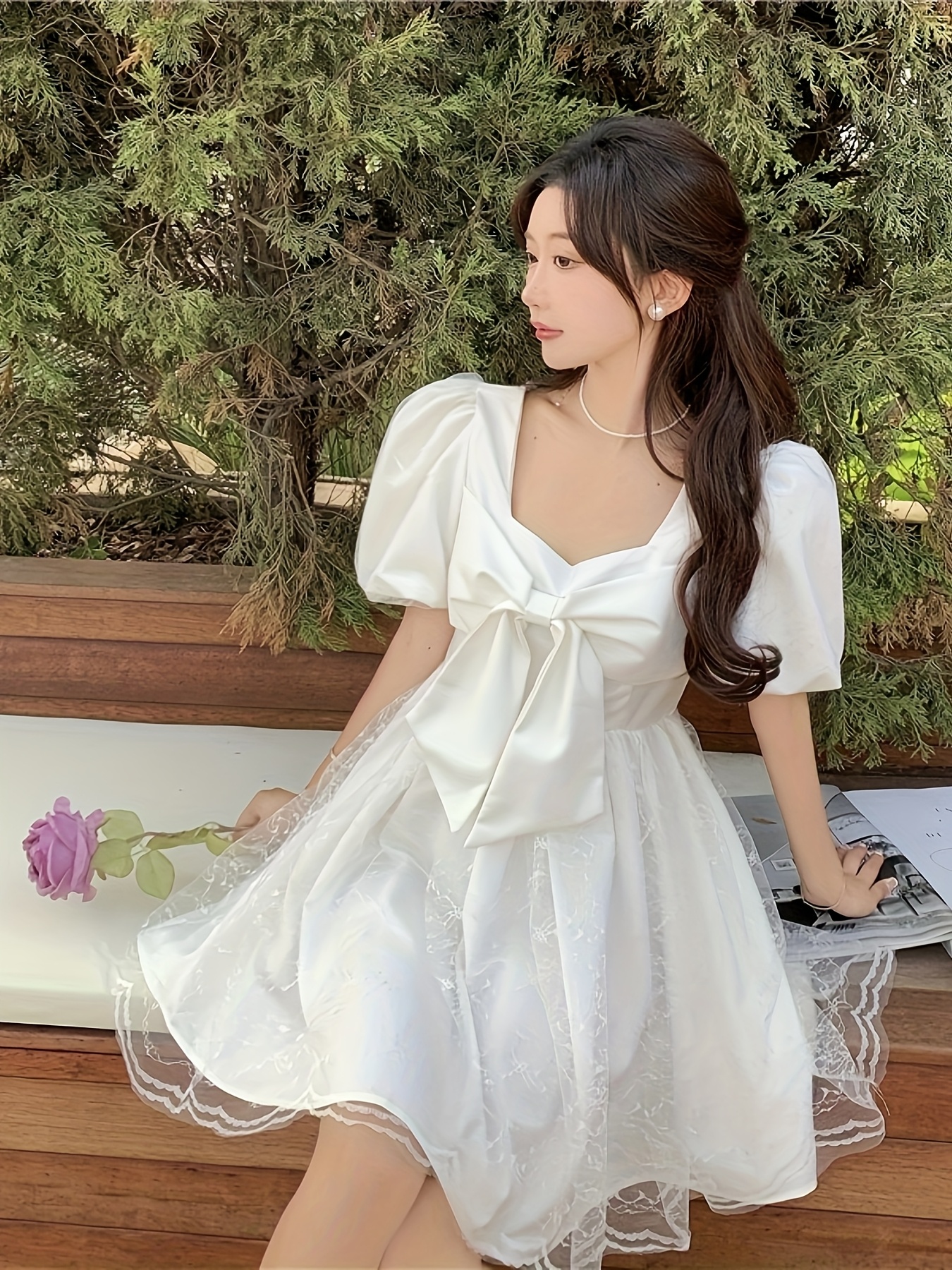 elegant black lace peplum dress bow detail square neck short